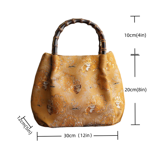 Bolso de mano de bambú de seda con brocado de canción pesada de panda y danza del león, bolso de hombro con nicho dorado de estilo chino, patrimonio cultural inmaterial
