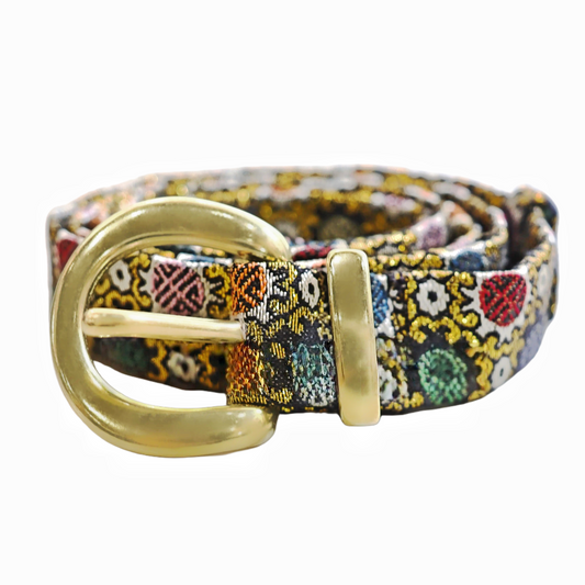 Cinturón estrecho con hebilla metálica de brocado para trajes de mujer