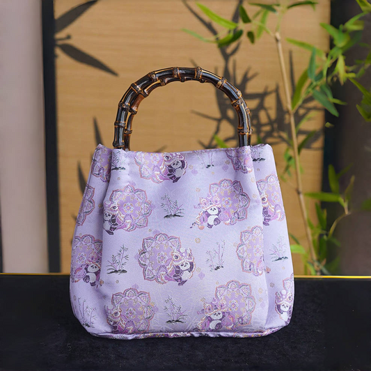Songjin Silk Purple Panda Lion Dance Bamboo Handbag
