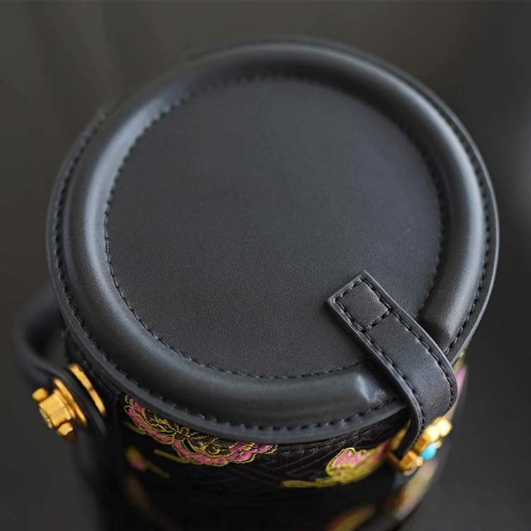 Intangible Cultural Heritage Song Brocade Silk Flower and Butterfly Bucket Bag Genuine Leather Hand Tote Shoulder Bag
