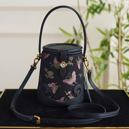 Intangible Cultural Heritage Song Brocade Silk Flower and Butterfly Bucket Bag Genuine Leather Hand Tote Shoulder Bag