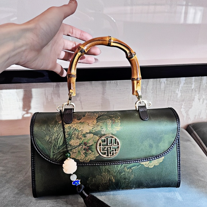 Intangible Heritage Xiangyunsha Printed Green Cuiwei New Chinese Style Mulberry Silk Handheld Oblique Bamboo Shoulder Bag for Women