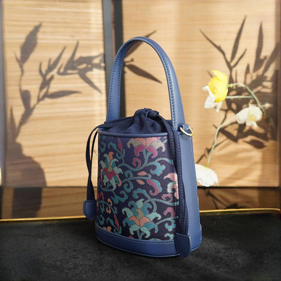 Navy blue twined branch pattern Song Jin genuine cowhide new Chinese style portable bucket women's bag cheongsam classical Chinese style ladies