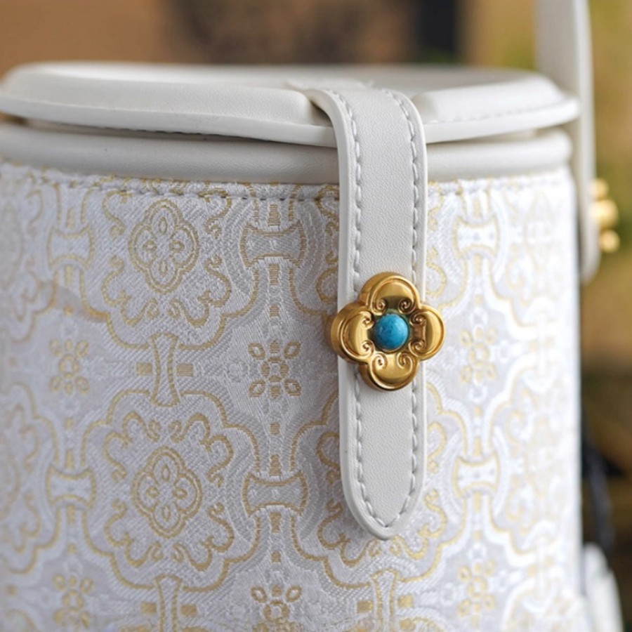 Intangible Cultural Heritage Song Brocade Silk Flower and Butterfly Bucket Bag Genuine Leather Hand Tote Shoulder Bag