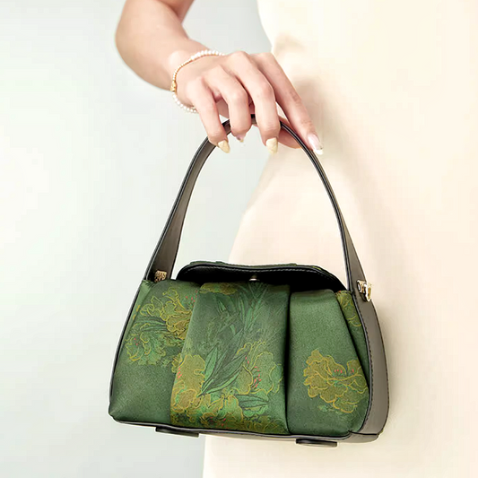 Intangible Heritage Xiangyunsha Printed Green Cuiwei Mulberry Silk New Chinese Style Handbag Crossbody Bag for Women