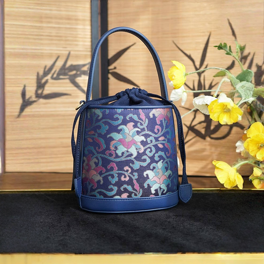 Navy blue twined branch pattern Song Jin genuine cowhide new Chinese style portable bucket women's bag cheongsam classical Chinese style ladies