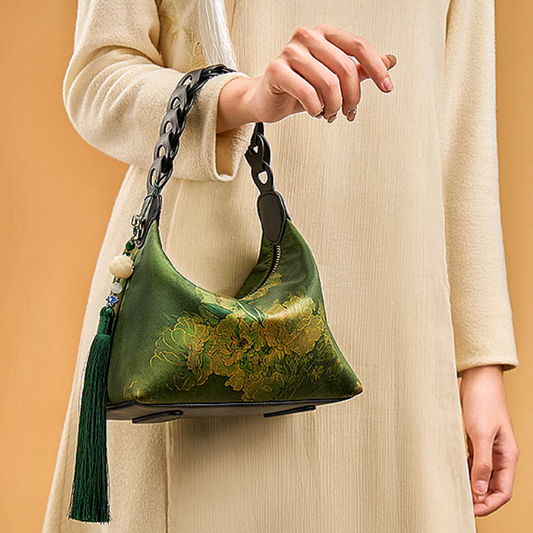 Intangible Heritage Xiangyunsha Silk Print Green Cuiwei New Chinese Style Crossbody Handbag for Women