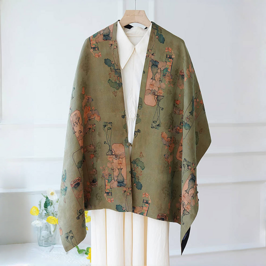 Song Dynasty Lotus Scene Xiangyunsha Flower Compass Buckle Silk Double-sided Double-layer Mulberry Silk Shawl Small Waistcoat Gift Scarf