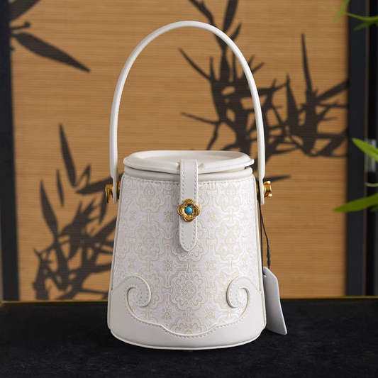 Intangible Cultural Heritage Song Brocade Silk Flower and Butterfly Bucket Bag Genuine Leather Hand Tote Shoulder Bag
