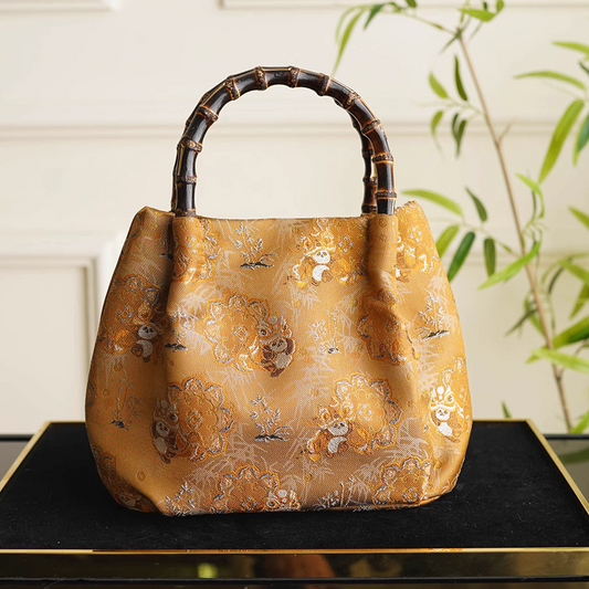 Song Brocade Yellow Panda Lion Dance Bamboo Handbag