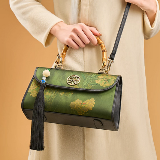 Intangible Heritage Xiangyunsha Printed Green Cuiwei New Chinese Style Mulberry Silk Handheld Oblique Bamboo Shoulder Bag for Women