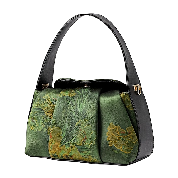 Intangible Heritage Xiangyunsha Printed Green Cuiwei Mulberry Silk New Chinese Style Handbag Crossbody Bag for Women