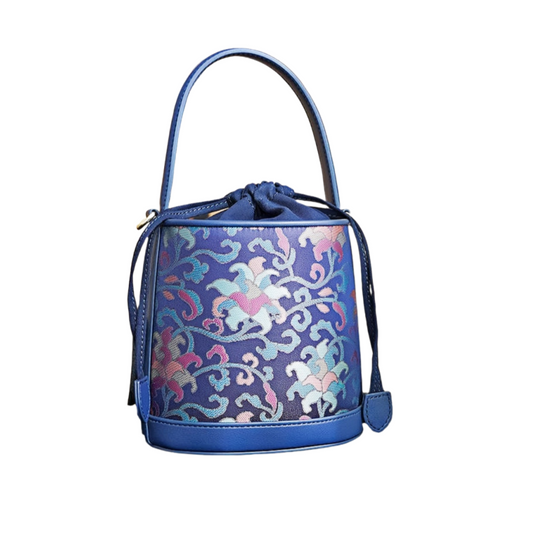 Navy blue twined branch pattern Song Jin genuine cowhide new Chinese style portable bucket women's bag cheongsam classical Chinese style ladies