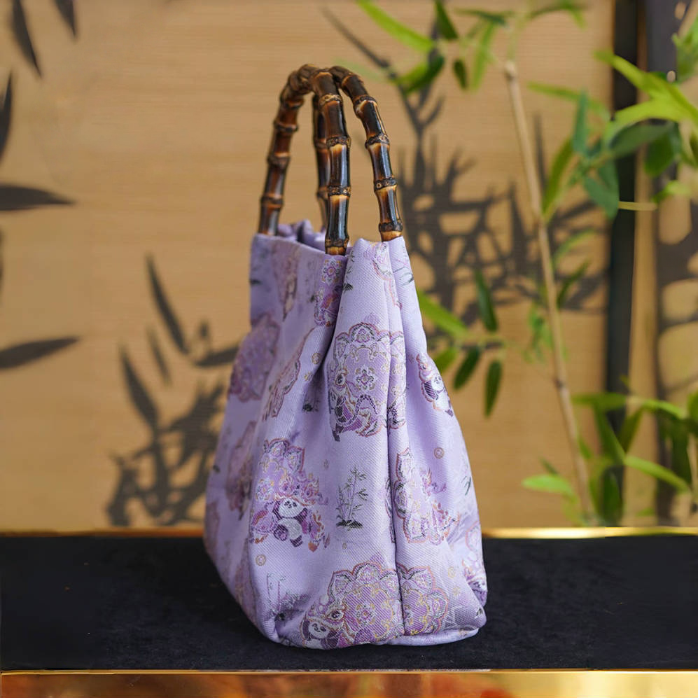 Songjin Silk Purple Panda Lion Dance Bamboo Handbag