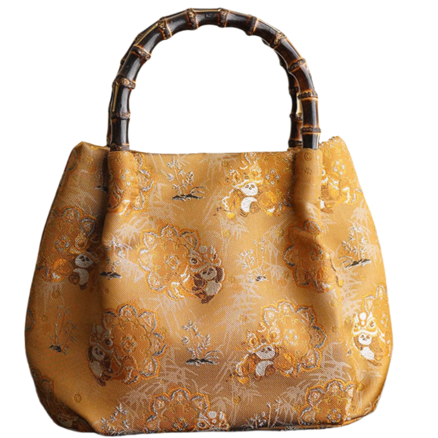 Panda lion dance heavy Song brocade intangible cultural heritage silk bamboo bag handbag Chinese style gold niche shoulder handbag