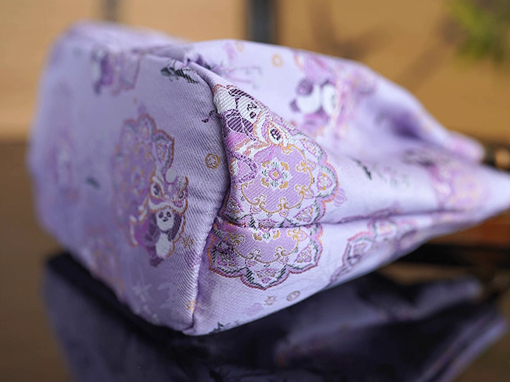 Songjin Silk Purple Panda Lion Dance Bamboo Handbag