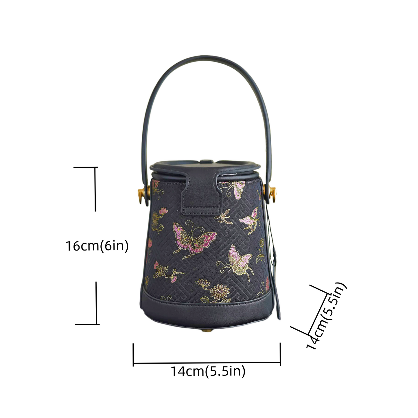 Intangible Cultural Heritage Song Brocade Silk Flower and Butterfly Bucket Bag Genuine Leather Hand Tote Shoulder Bag