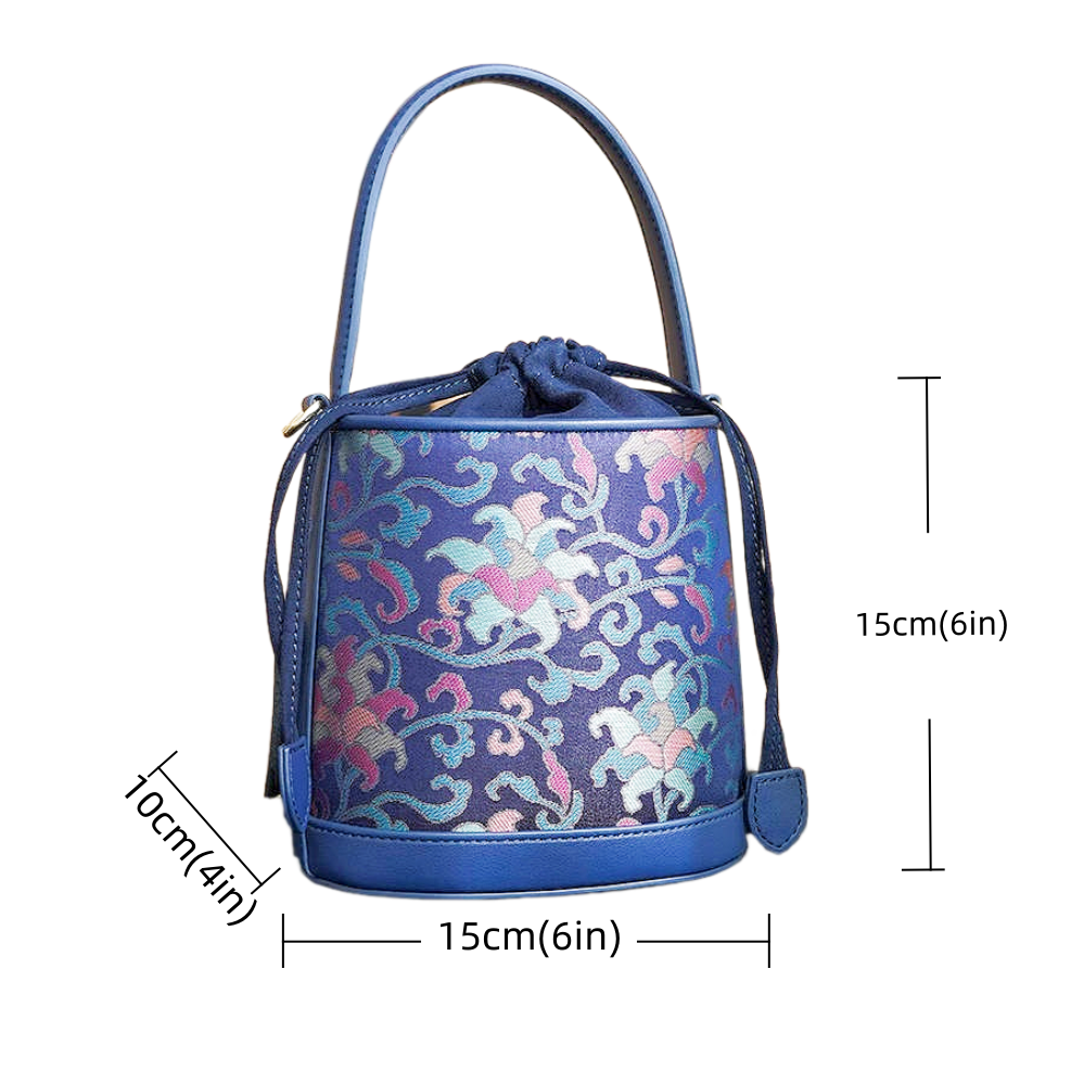 Navy blue twined branch pattern Song Jin genuine cowhide new Chinese style portable bucket women's bag cheongsam classical Chinese style ladies