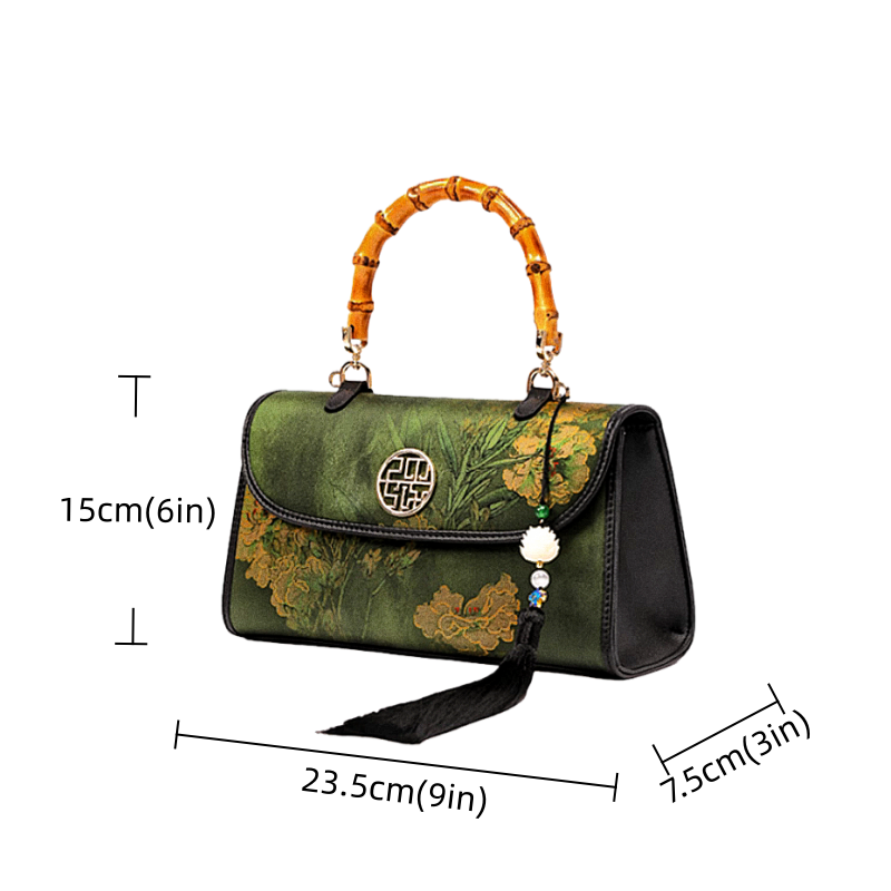 Intangible Heritage Xiangyunsha Printed Green Cuiwei New Chinese Style Mulberry Silk Handheld Oblique Bamboo Shoulder Bag for Women