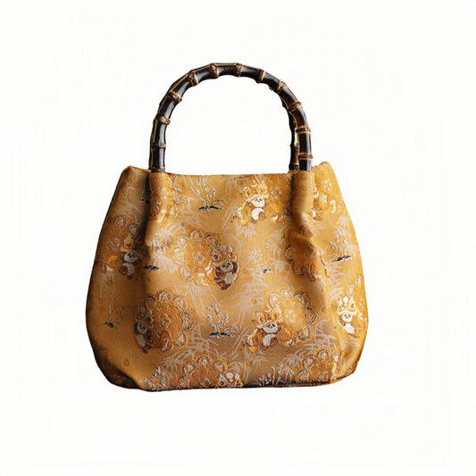 Song Brocade Yellow Panda Lion Dance Bamboo Handbag