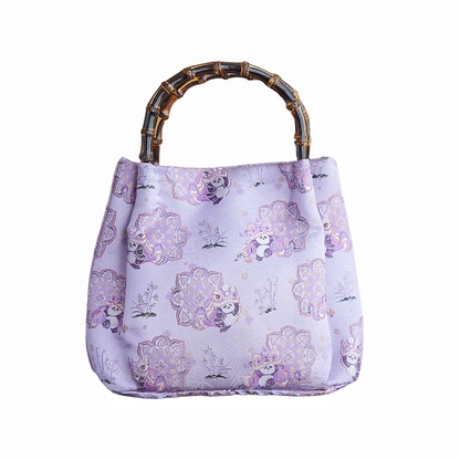 Songjin Silk Purple Panda Lion Dance Bamboo Handbag