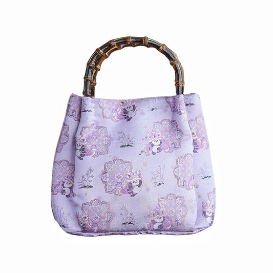 Songjin Silk Purple Panda Lion Dance Bamboo Handbag