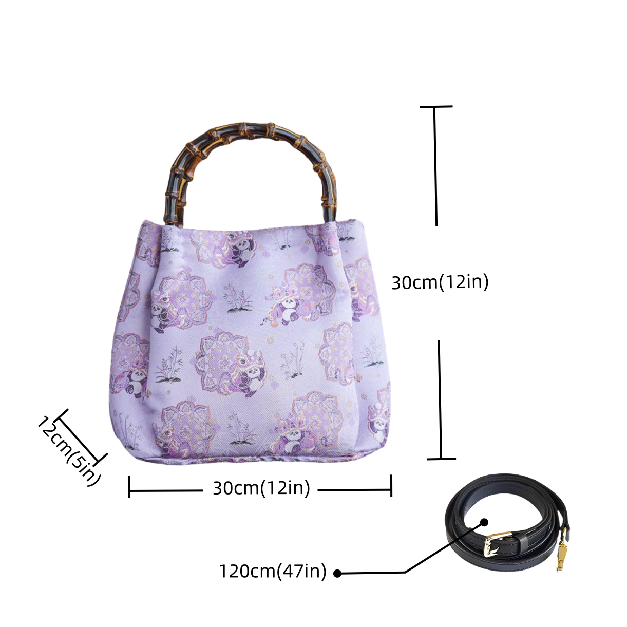Songjin Silk Purple Panda Lion Dance Bamboo Handbag