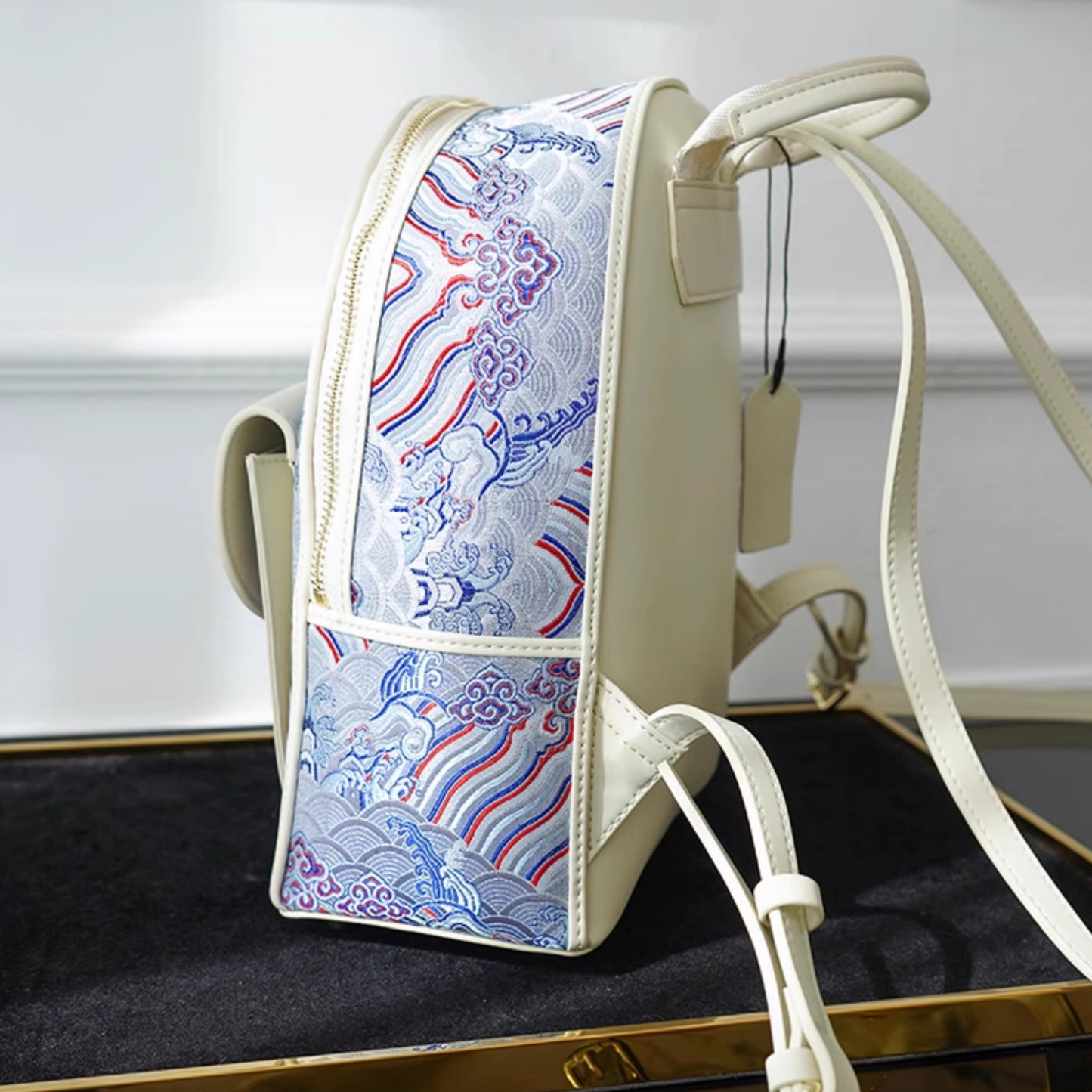 Champagne-colored seawater river cliff pattern backpack intangible cultural heritage brocade zipper new Chinese style women's national style casual bag