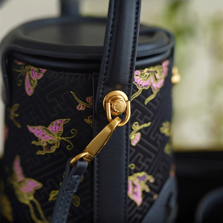 Intangible Cultural Heritage Song Brocade Silk Flower and Butterfly Bucket Bag Genuine Leather Hand Tote Shoulder Bag