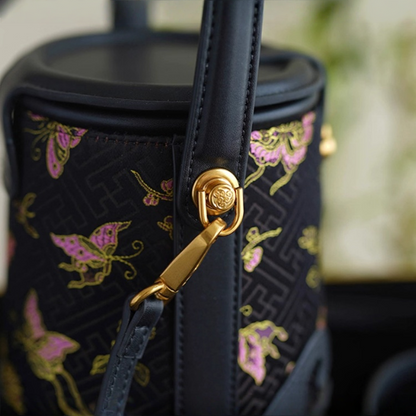 Intangible Cultural Heritage Song Brocade Silk Flower and Butterfly Bucket Bag Genuine Leather Hand Tote Shoulder Bag