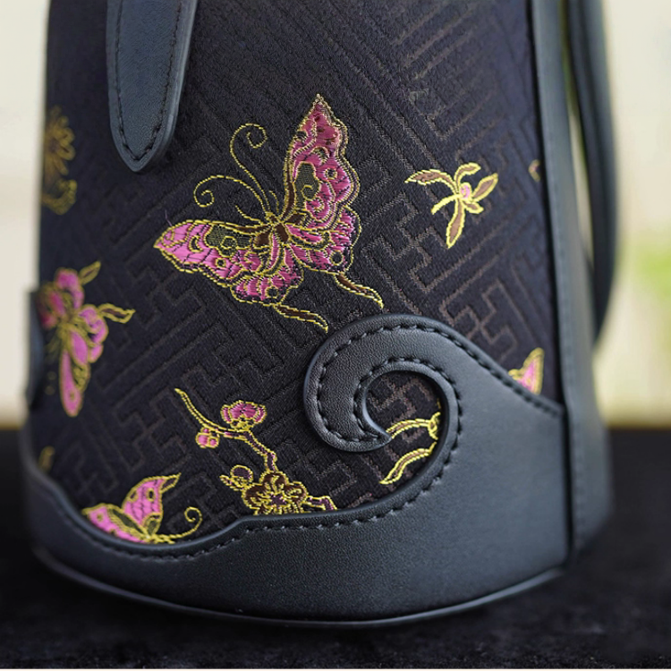 Intangible Cultural Heritage Song Brocade Silk Flower and Butterfly Bucket Bag Genuine Leather Hand Tote Shoulder Bag