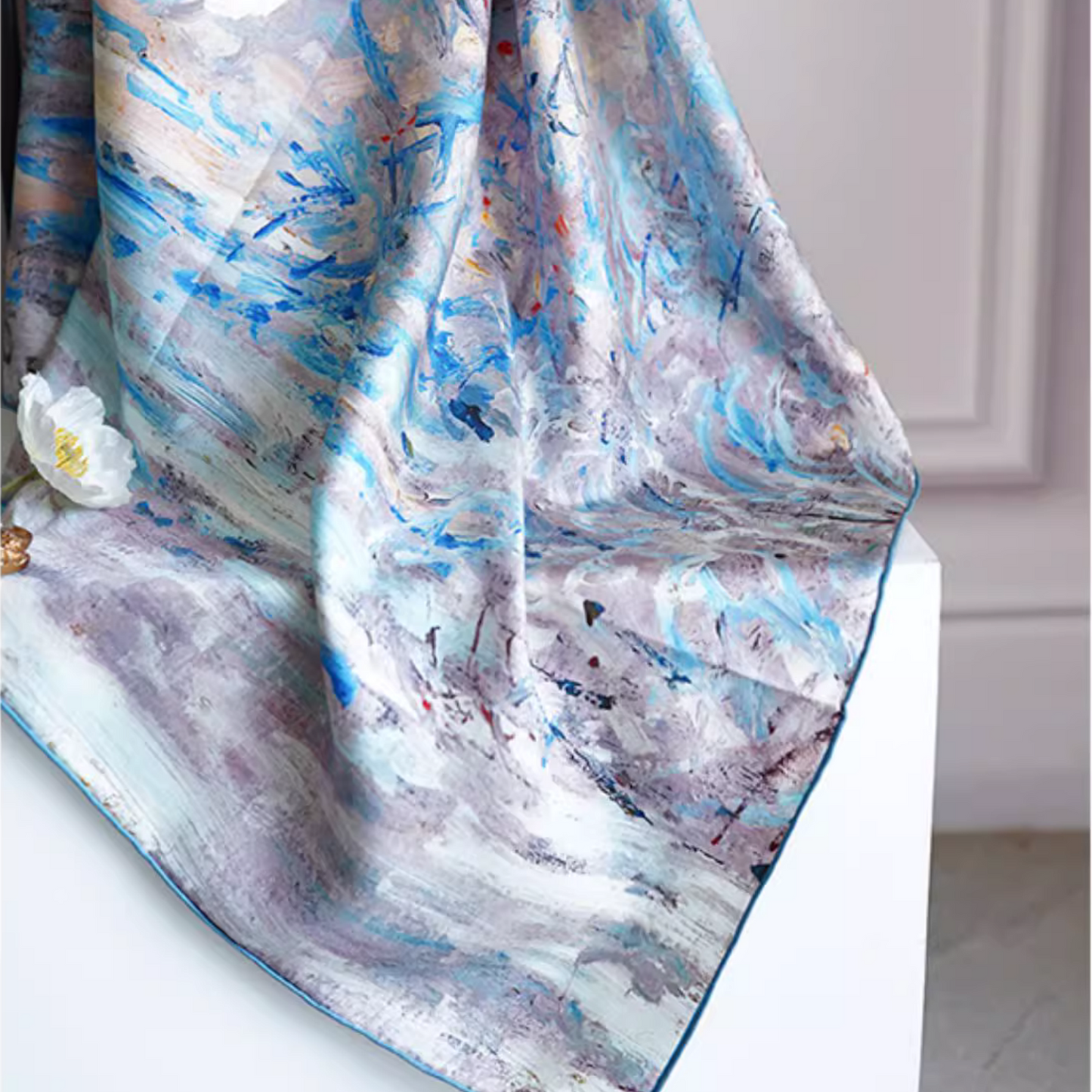 "Snow" Monet Oil Painting Series Double-sided Different Color Printed Twill Silk Large Square Scarf Women's Winter Mulberry Silk Scarf