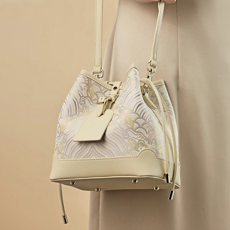 New Chinese style river cliff sea water pattern brocade jacquard bucket bag