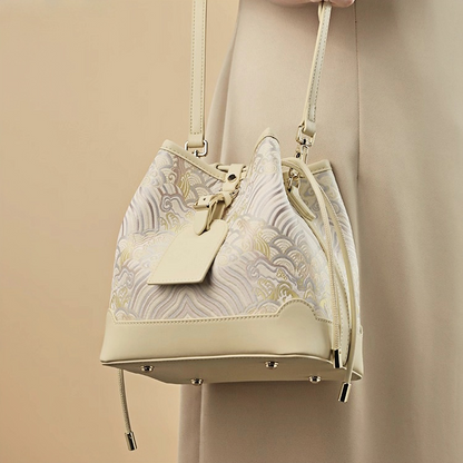 New Chinese style river cliff sea water pattern brocade jacquard bucket bag