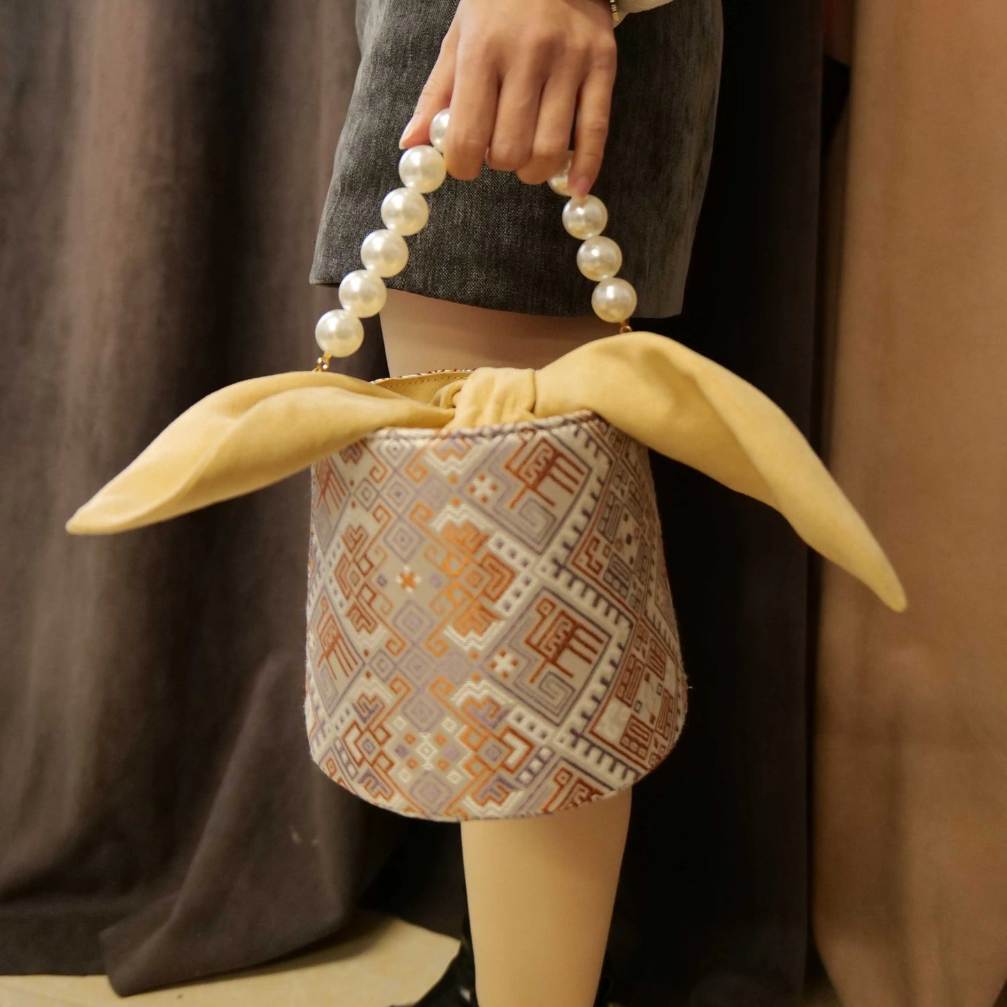 Guangxi Zhuang Brocade Rabbit Ear Pearl Bucket Bag Cute Handbag Crossbody Bag