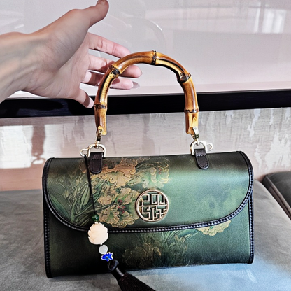 Intangible Heritage Xiangyunsha Printed Green Cuiwei New Chinese Style Mulberry Silk Handheld Oblique Bamboo Shoulder Bag for Women