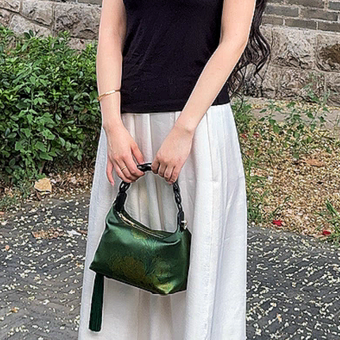 Intangible Heritage Xiangyunsha Silk Print Green Cuiwei New Chinese Style Crossbody Handbag for Women