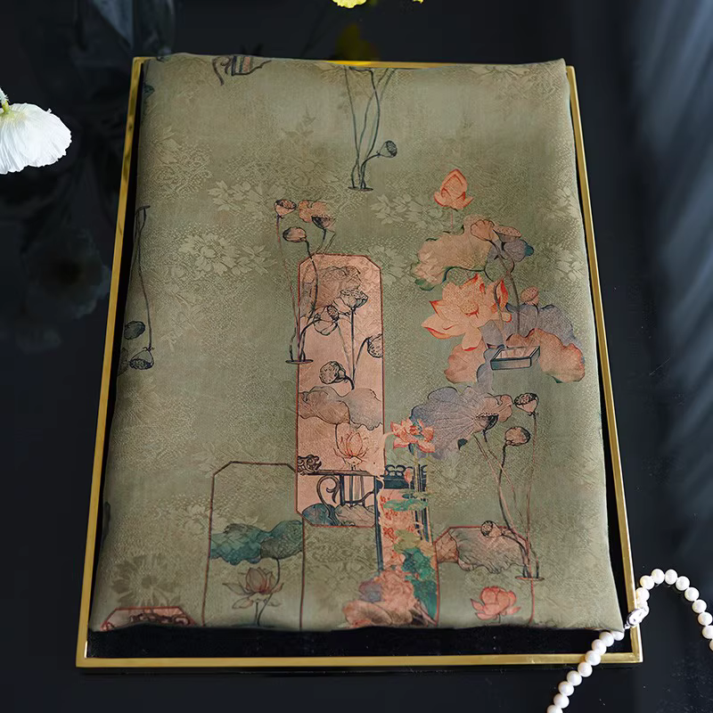 Song Dynasty Lotus Scene Xiangyunsha Flower Compass Buckle Silk Double-sided Double-layer Mulberry Silk Shawl Small Waistcoat Gift Scarf