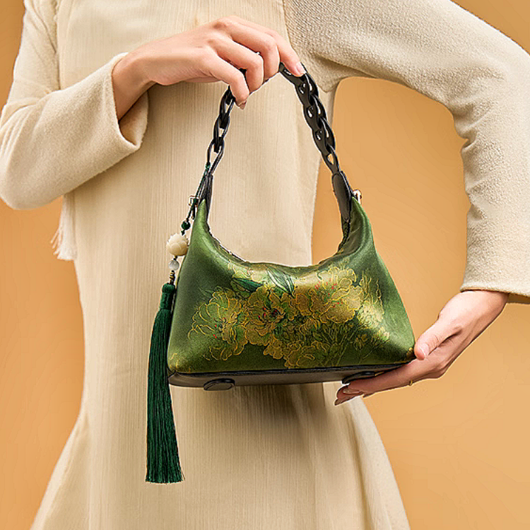 Intangible Heritage Xiangyunsha Silk Print Green Cuiwei New Chinese Style Crossbody Handbag for Women