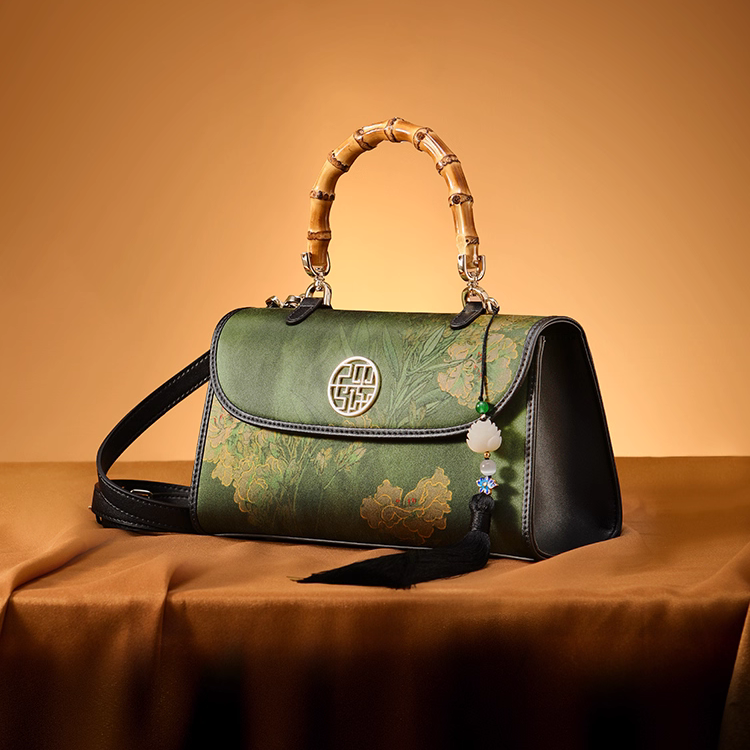 Intangible Heritage Xiangyunsha Printed Green Cuiwei New Chinese Style Mulberry Silk Handheld Oblique Bamboo Shoulder Bag for Women
