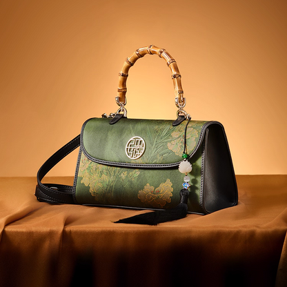 Intangible Heritage Xiangyunsha Printed Green Cuiwei New Chinese Style Mulberry Silk Handheld Oblique Bamboo Shoulder Bag for Women