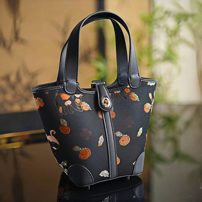 Cat Persimmon Intangible Cultural Heritage Song Brocade Silk Lock Shoulder Handbag