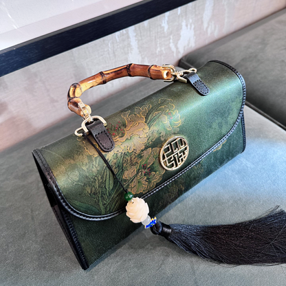 Intangible Heritage Xiangyunsha Printed Green Cuiwei New Chinese Style Mulberry Silk Handheld Oblique Bamboo Shoulder Bag for Women