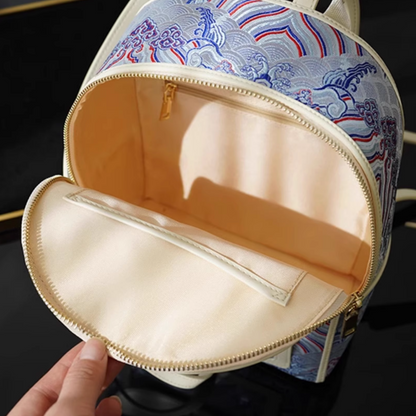 Champagne-colored seawater river cliff pattern backpack intangible cultural heritage brocade zipper new Chinese style women's national style casual bag
