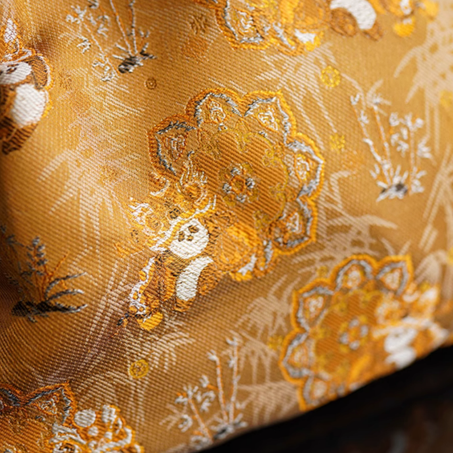 Song Brocade Yellow Panda Lion Dance Bamboo Handbag