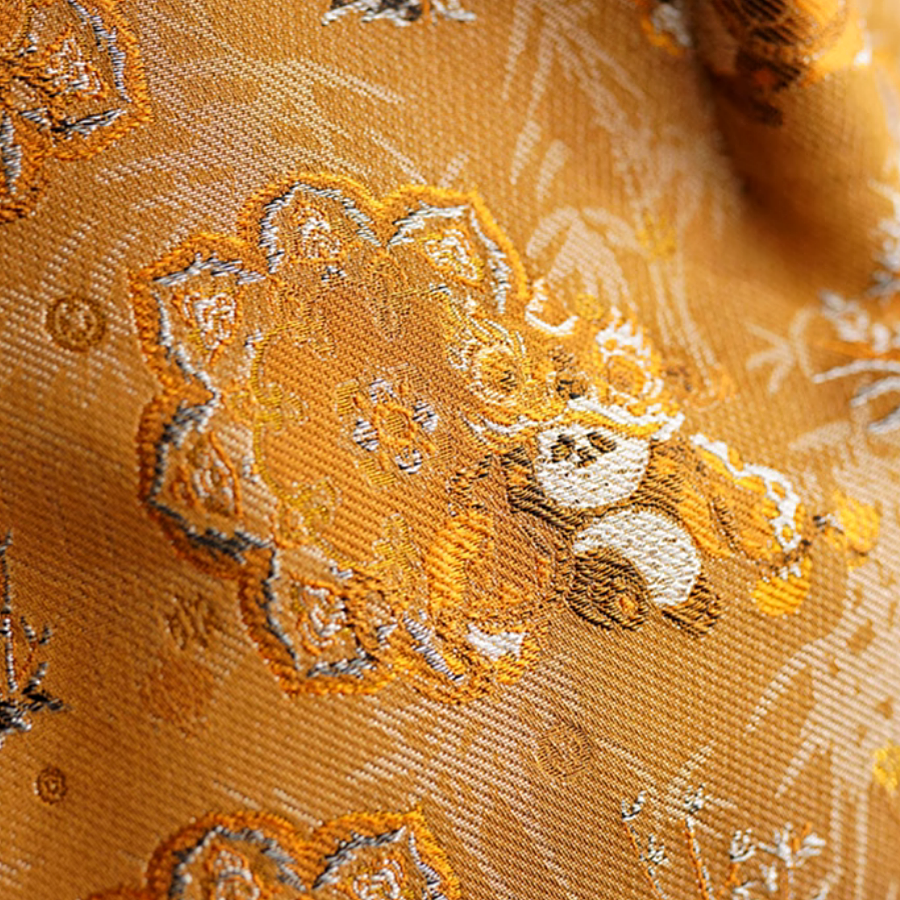 Song Brocade Yellow Panda Lion Dance Bamboo Handbag