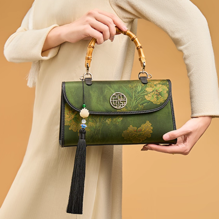 Intangible Heritage Xiangyunsha Printed Green Cuiwei New Chinese Style Mulberry Silk Handheld Oblique Bamboo Shoulder Bag for Women