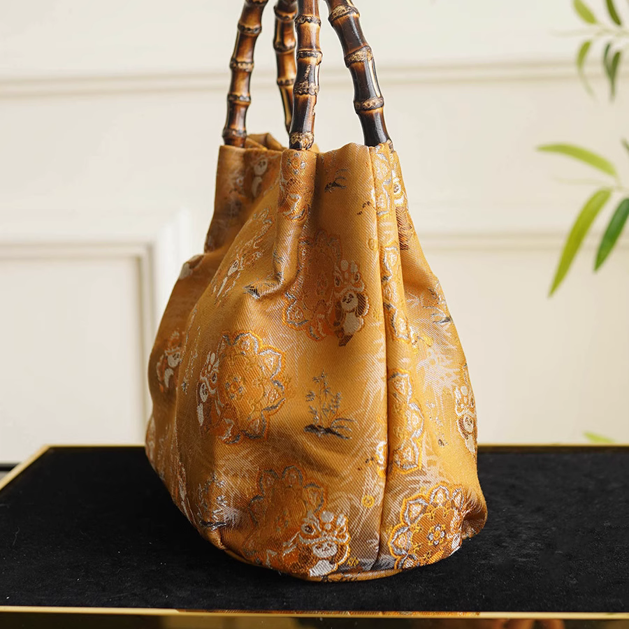 Song Brocade Yellow Panda Lion Dance Bamboo Handbag