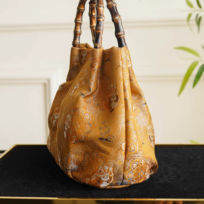 Song Brocade Yellow Panda Lion Dance Bamboo Handbag
