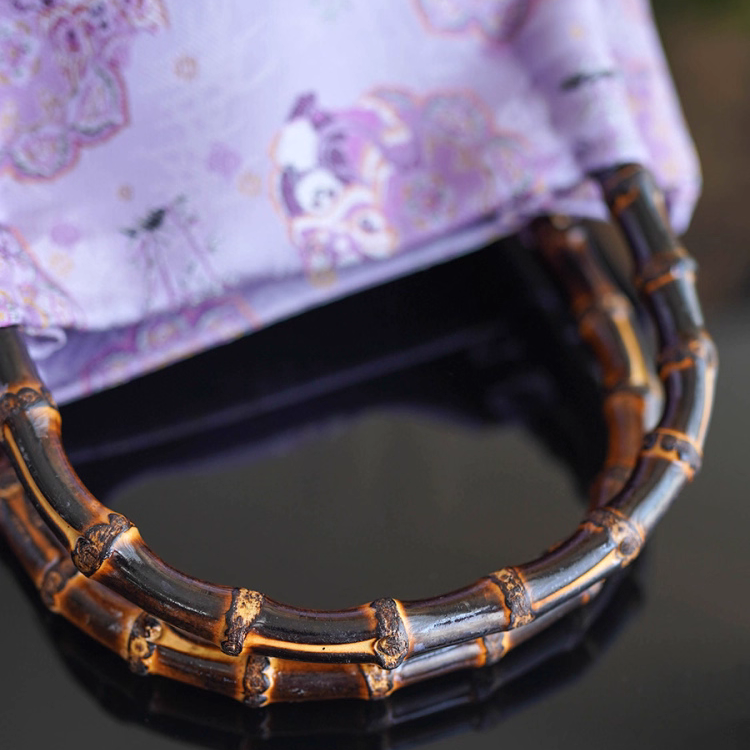 Songjin Silk Purple Panda Lion Dance Bamboo Handbag